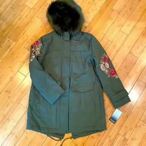 KENSIE Faux Fur Hooded Embroidered Jacket NWT